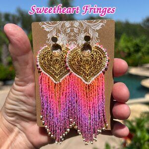 Handmade Beaded Long Fringe Dangle Drop Lightweight Sweetheart Post Earrings